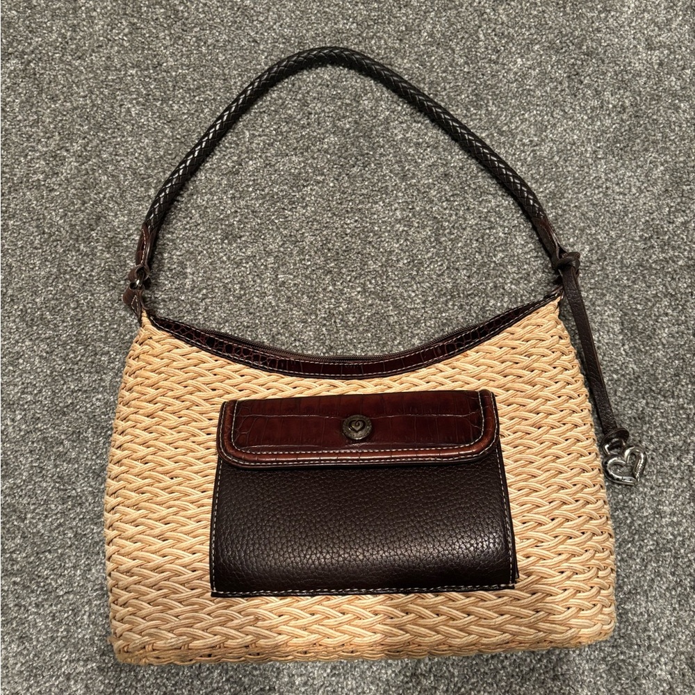 Brighton Woven Straw Shoulder Bag with Dark Brown Leather Trim